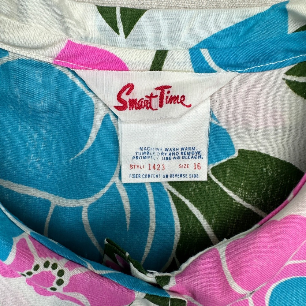 Vtg Retro House Dress Sz 16 Blue Pink Green Floral Muu Muu Duster Smart Time - Picture 2 of 10